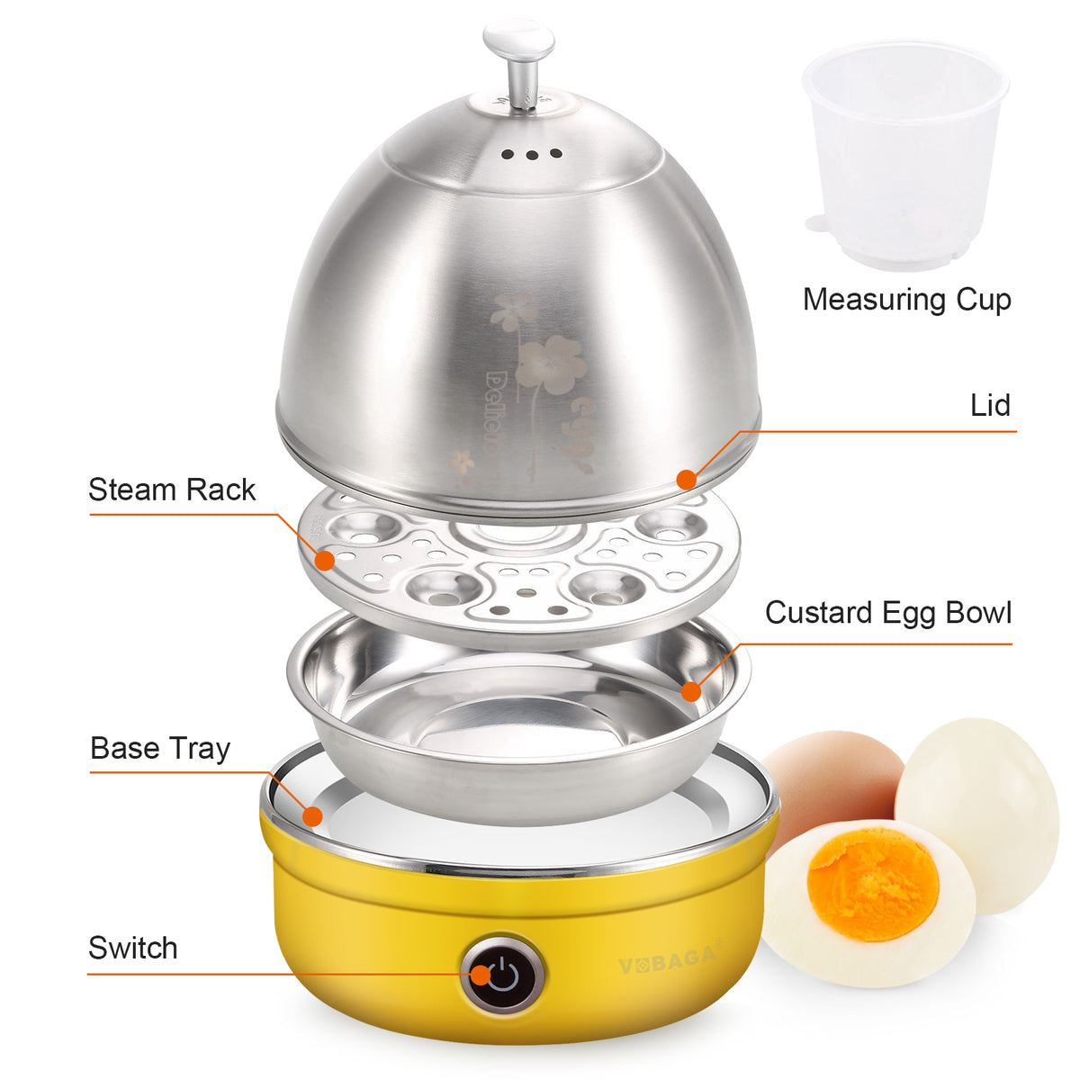 VOBAGA Electric Egg Cooker, Rapid Egg Boiler with Auto Shut Off for Soft,  Medium, Hard Boiled, Poached, Steamed Eggs, Vegetables and Dumplings
