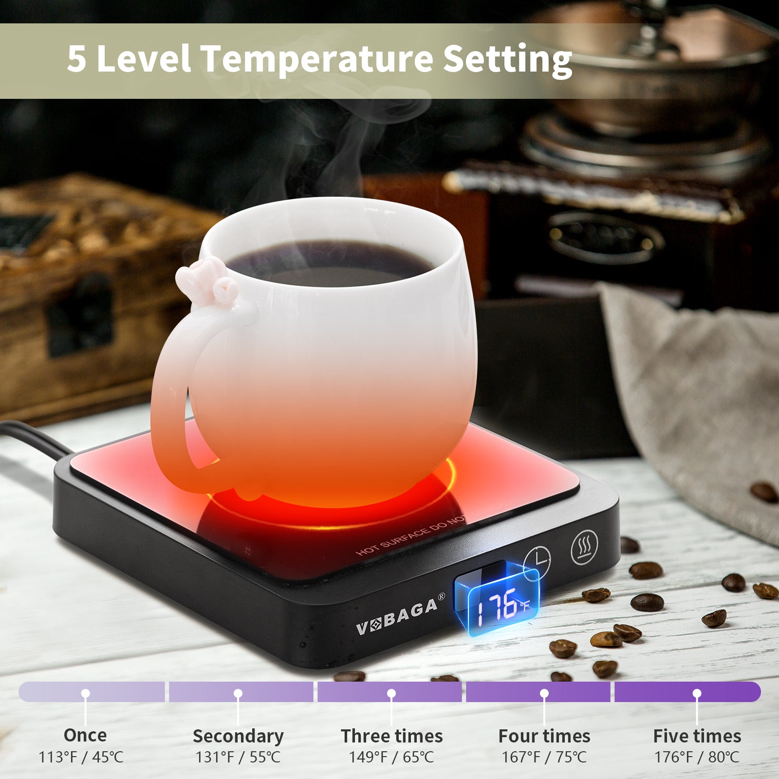VOBAGA Coffee Mug Warmer, 4 Hours Auto Shut Off Cup Warmer for Office Home Desk Use with 3 Temperature Settings, Electric Beverage Warmer for Cocoa,Te