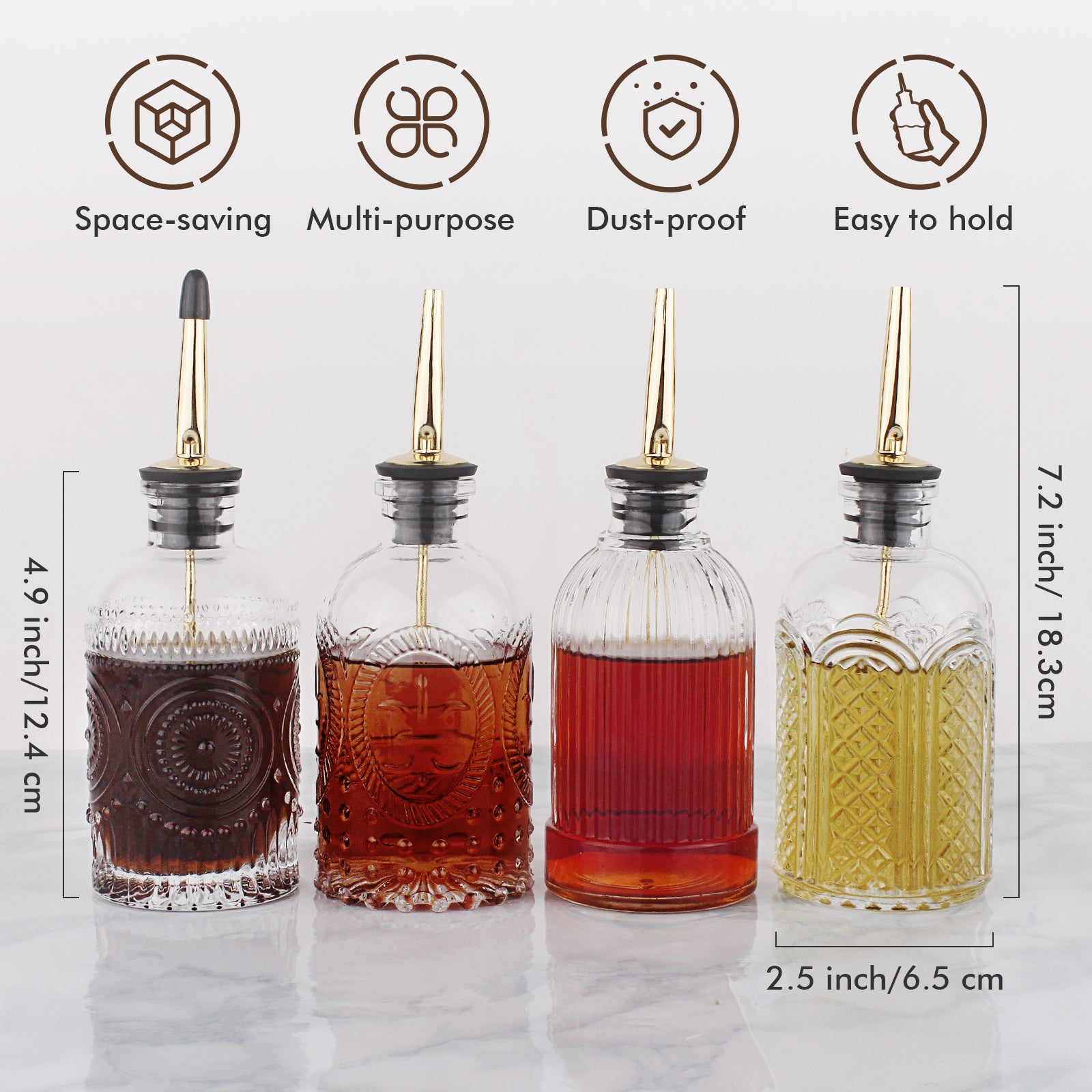 VOBAGA Coffee Syrup Dispenser 4 Pack, 7oz Glass Syrup Bottle for Honey, Coffee Bar Accessories with Stainless Steel Pour Spout