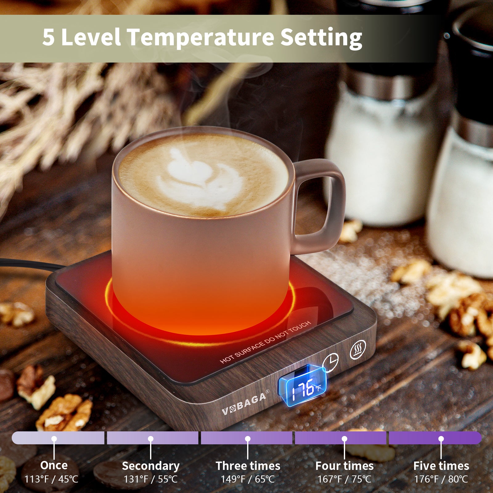 VOBAGA Coffee Mug Warmer & Electric Beverage Warmer with 5 Temperature Settings, Coffee Warmer with Digital Display Auto Shut Off (No Cup)