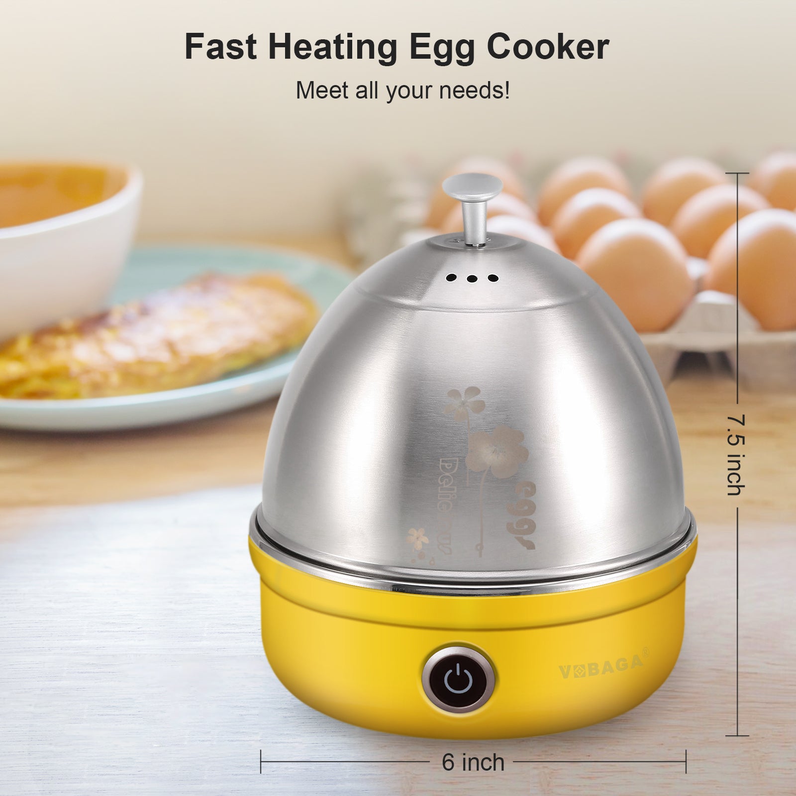 VOBAGA Electric Egg Cooker, Rapid Egg Boiler with Auto Shut Off for Soft, Hard Boiled, Steamed Eggs (Yellow)