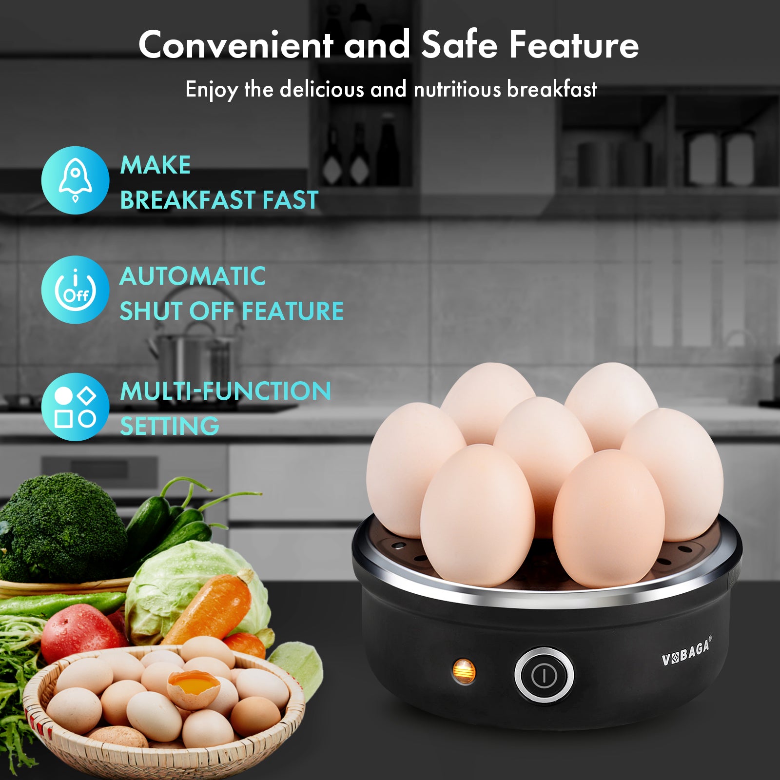 VOBAGA Electric Egg Cooker, Rapid Egg Boiler with Auto Shut Off Eggs, Vegetables and Dumplings (Black)