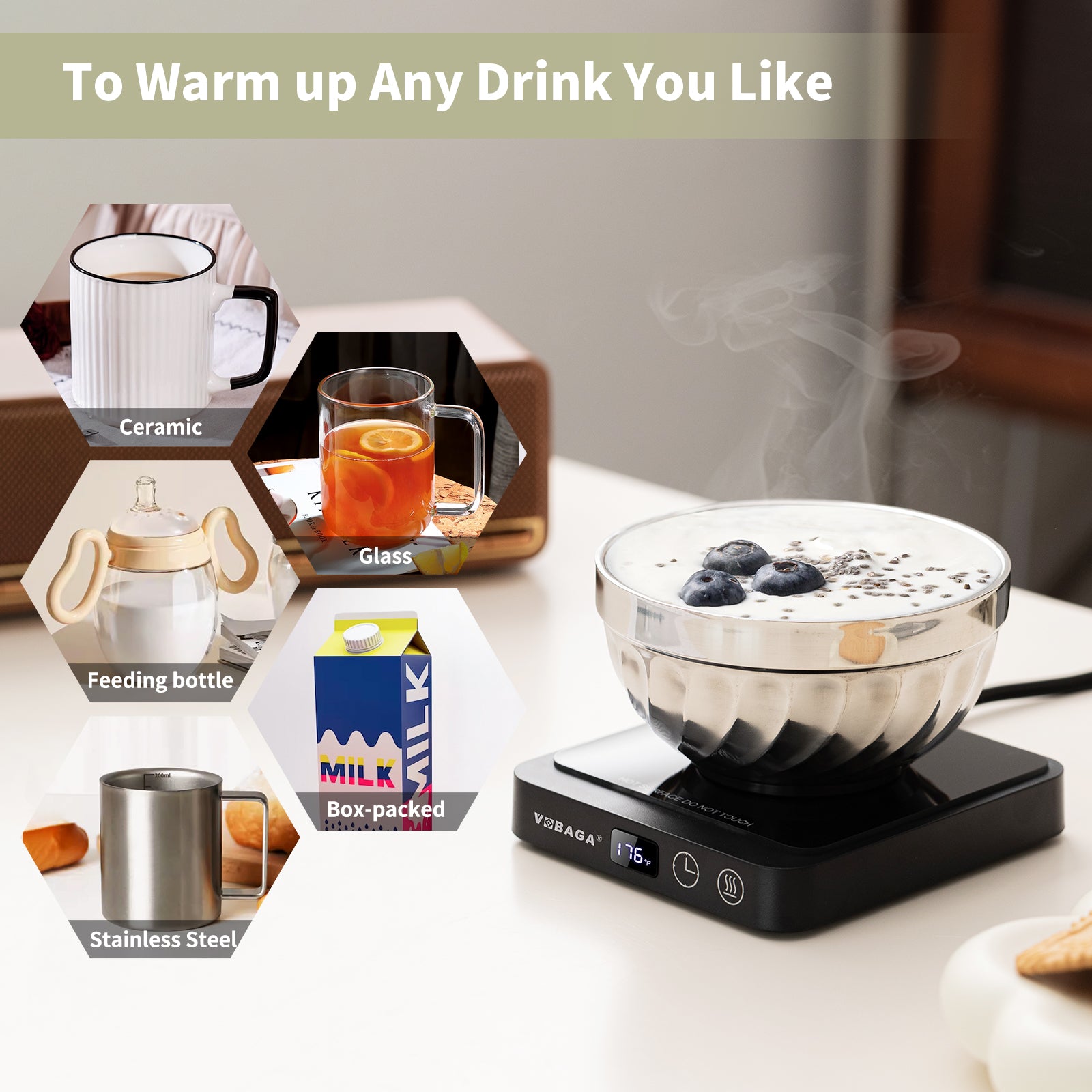 VOBAGA Mug Warmer, Coffee Cup Warmer for Office Home Desk Use with 5 Temperature Settings, Electric Beverage Warmer with Digital Display Auto Shut Off for Heating Coffee, Cocoa, Milk, Tea(No Cup)