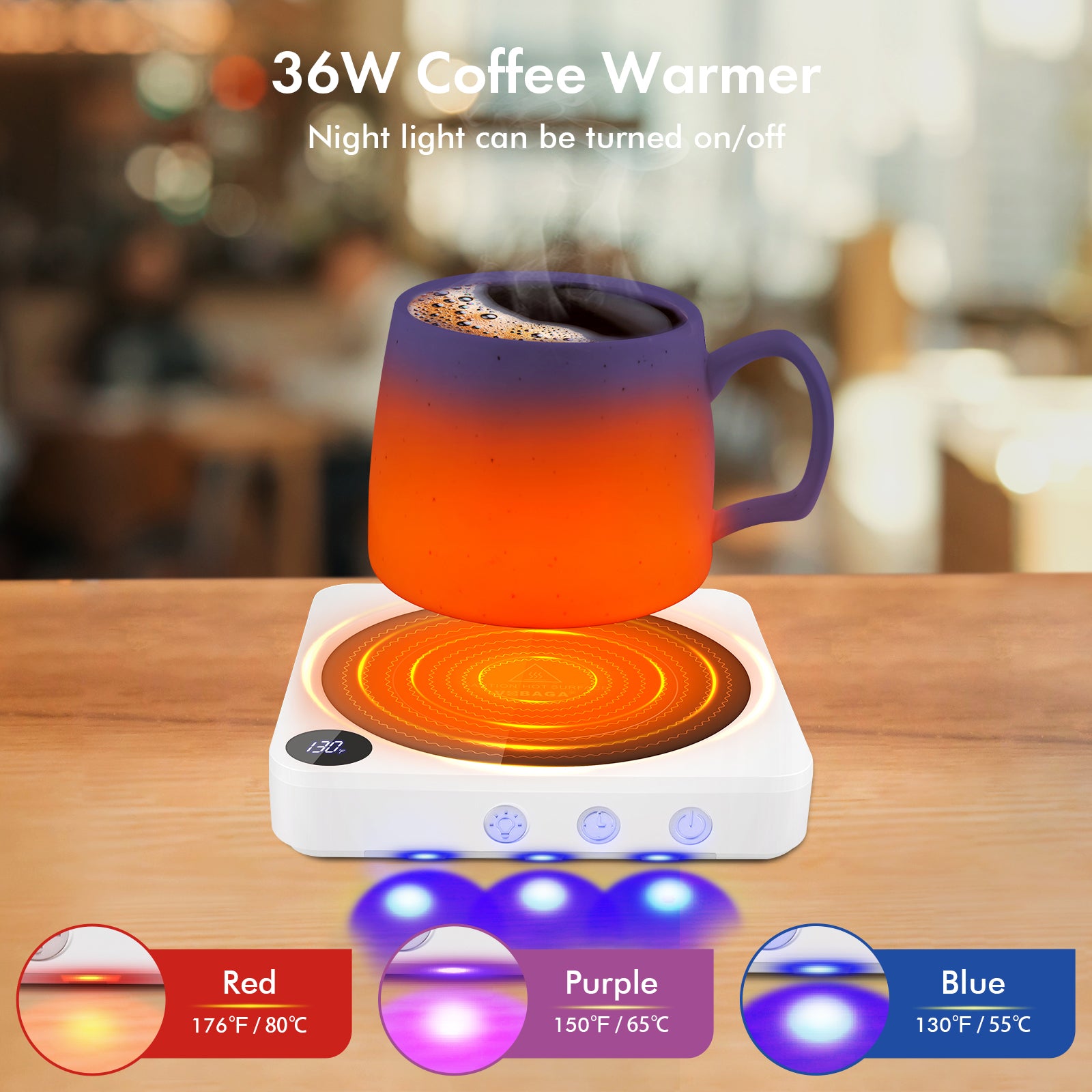 VOBAGA Coffee Mug Warmer with 5.2 inch Heating Plate, 3 Temperature Setting & Auto Shut Off (No Cup)