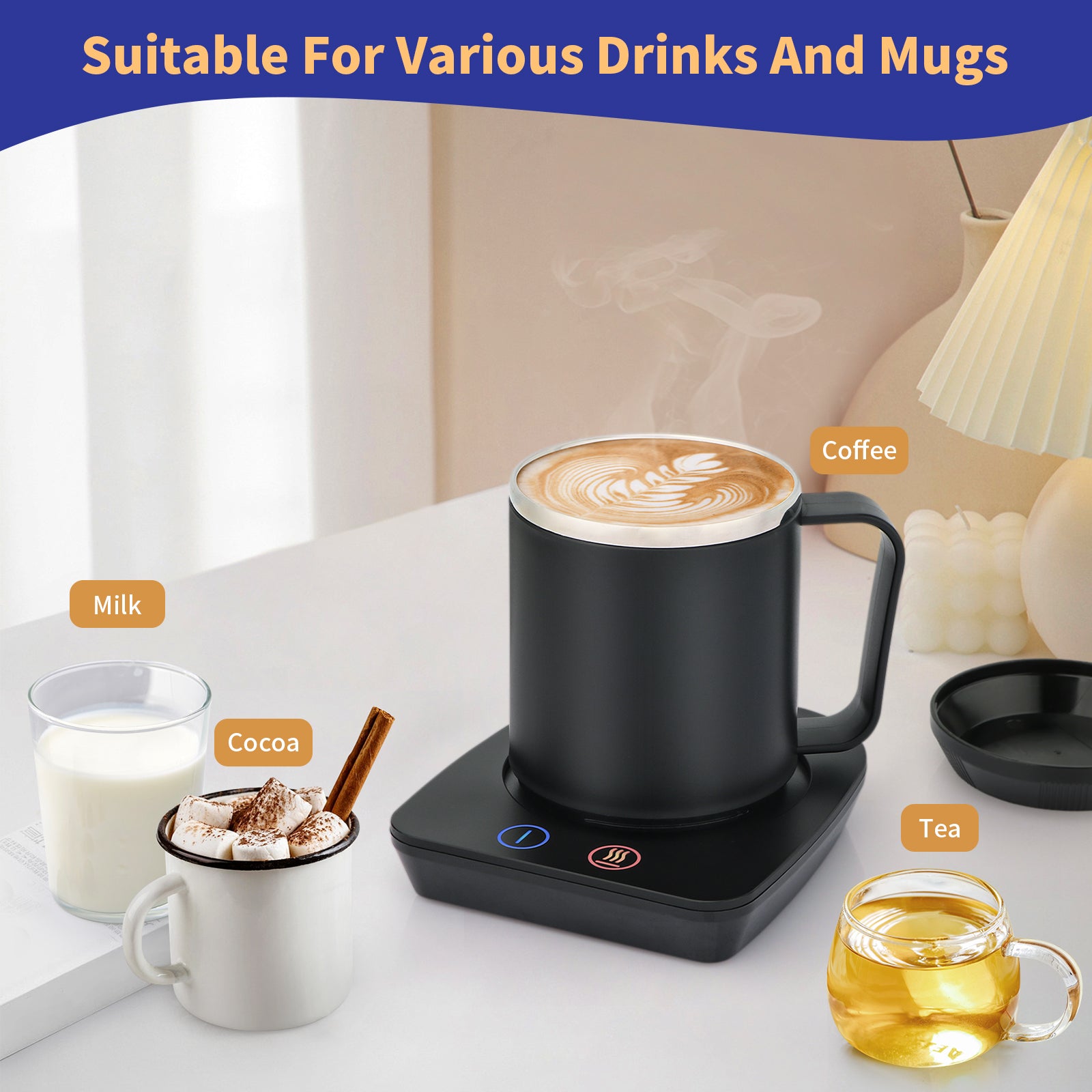 VOBAGA Coffee Mug Warmer with 15oz Mug Set, Electric Coffee Cup Warmer with Three Temperature Settings for Desk, Smart Coffee Warmer Mug Plate with Auto Shut Off for Cocoa Tea Milk Candles