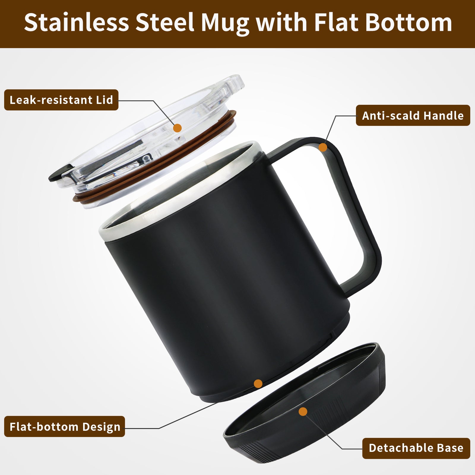 VOBAGA 15oz Stainless Steel Coffee Mug with Flat bottom and Handle, Work with Coffee Warmer for Rapid Heating Coffee, Tea and Milk Office Desk Accessories (Black)