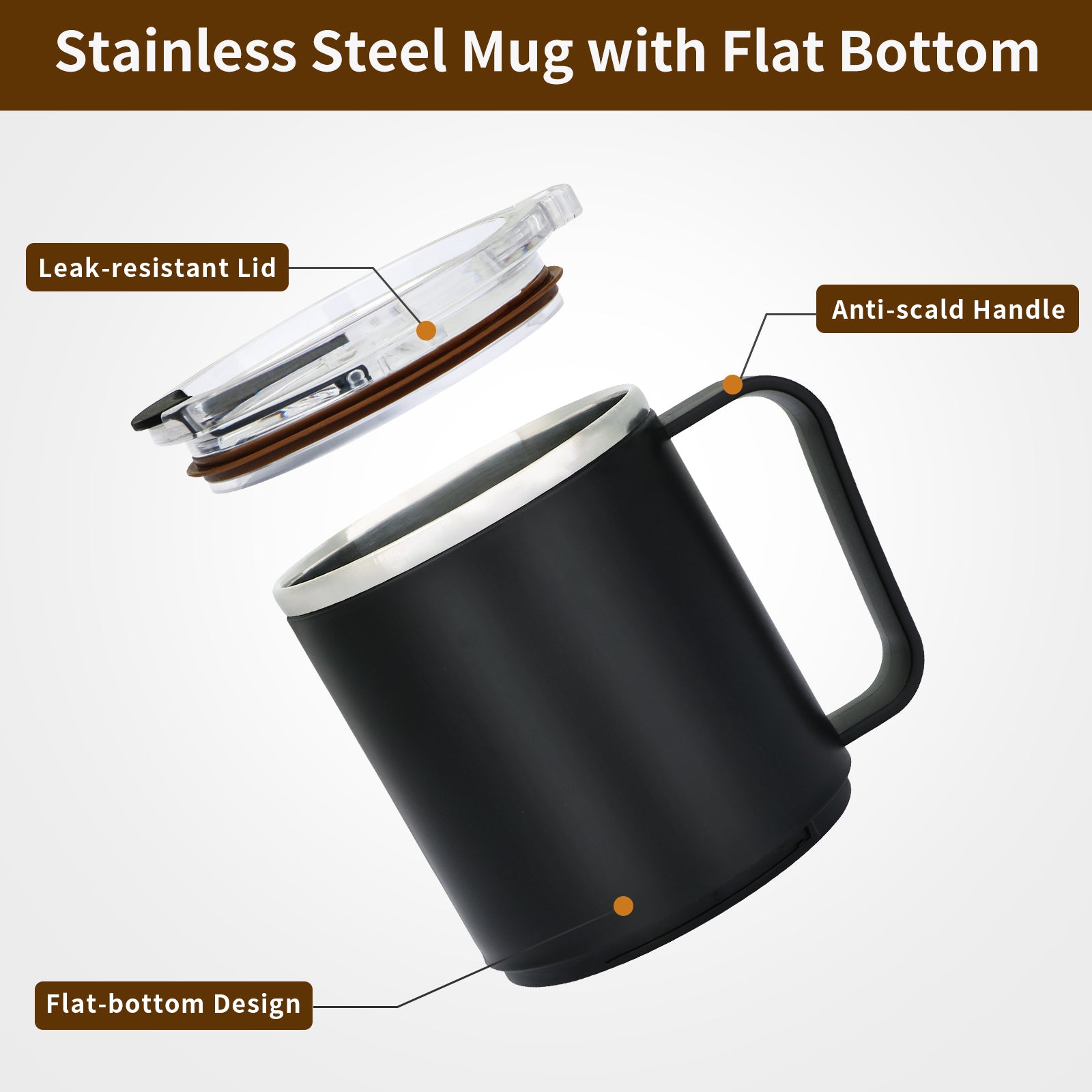 VOBAGA 15oz Stainless Steel Coffee Mug with Flat bottom and Handle, Work with Coffee Warmer for Rapid Heating Coffee, Tea and Milk Office Desk Accessories (Black)