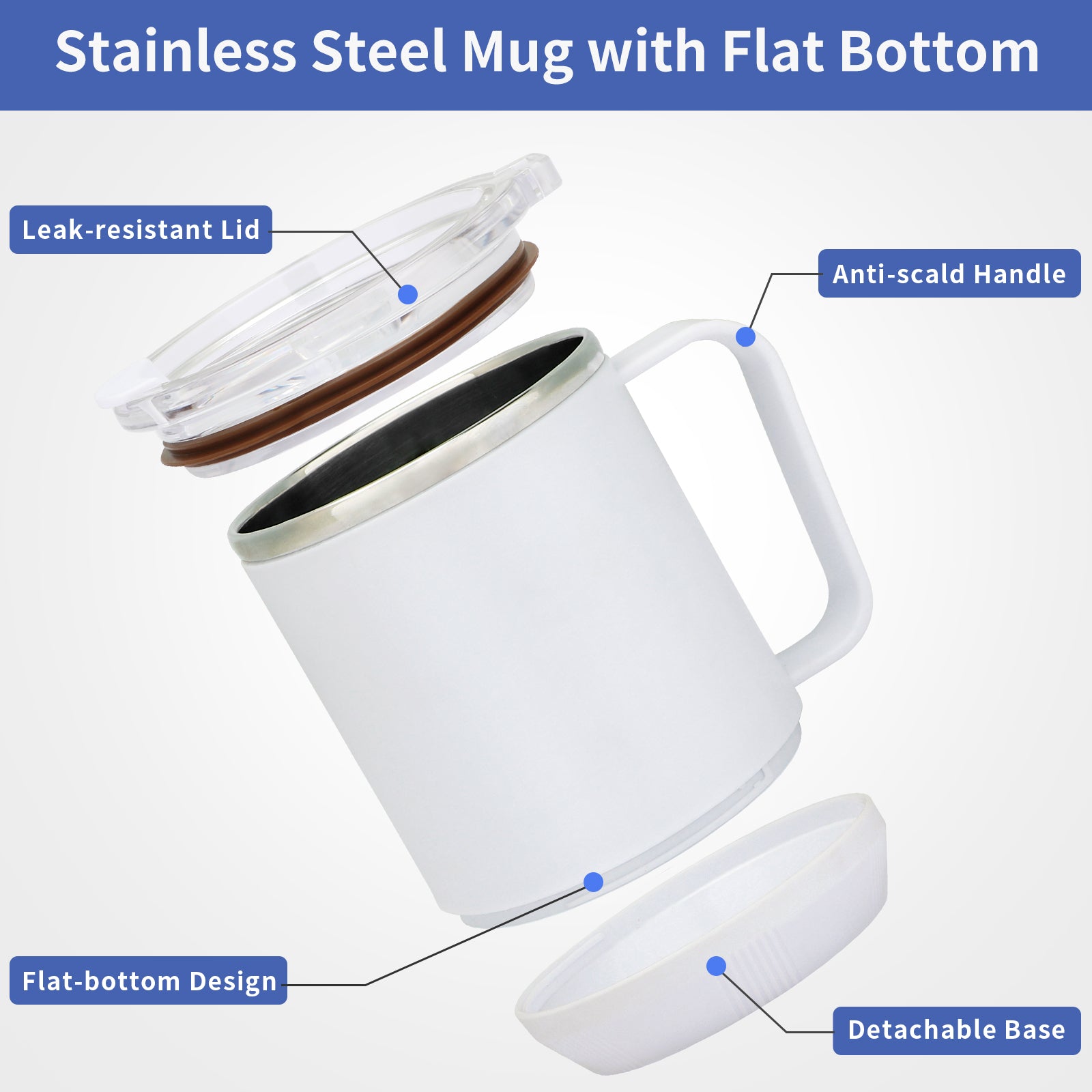 VOBAGA 15oz Stainless Steel Coffee Mug with Flat bottom and Handle, Work with Coffee Warmer for Rapid Heating Coffee, Tea and Milk Office Desk Accessories (White)