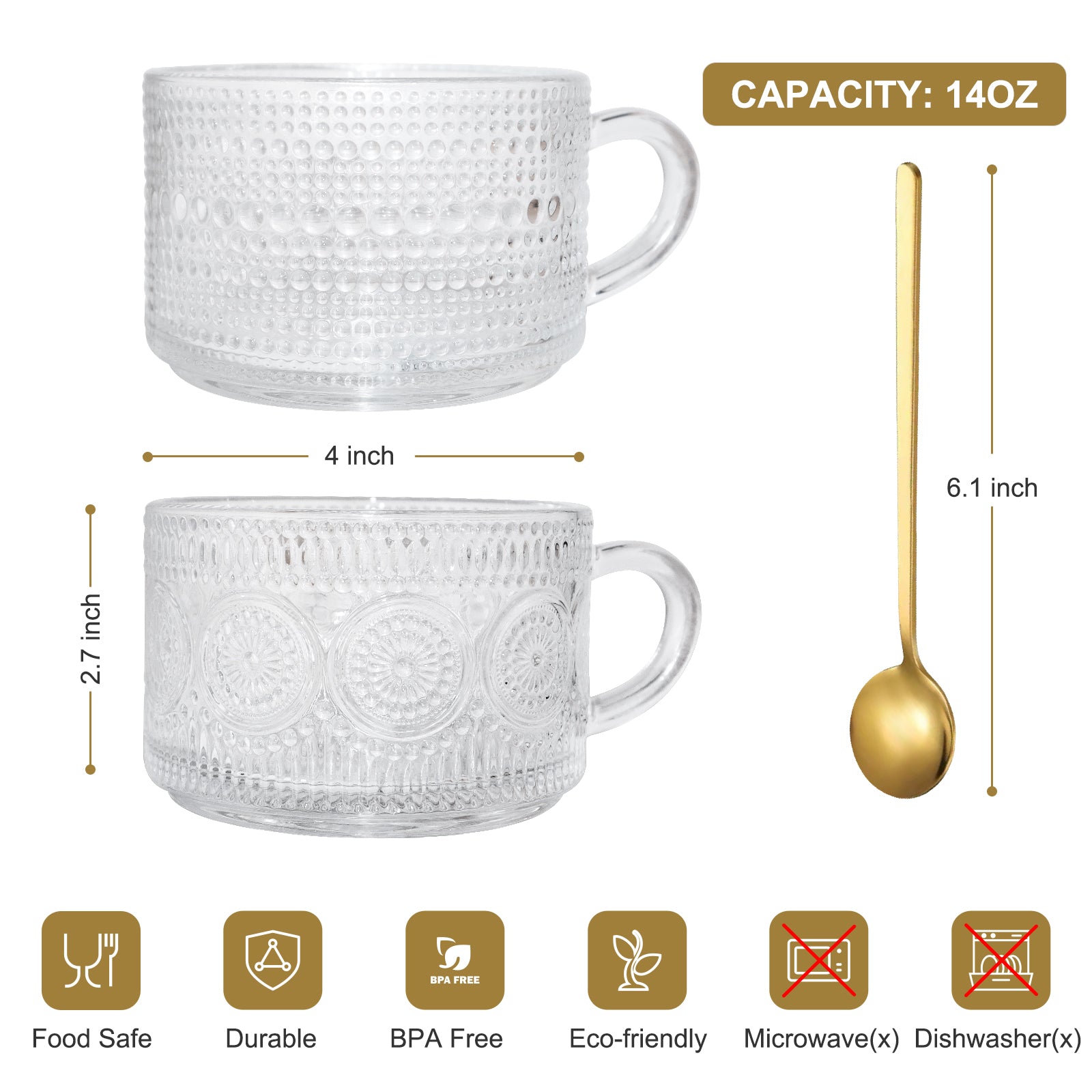 VOBAGA 4Set Vintage Coffee MugsGlass Cups with Spoons, 14OZ Elegant Embossed Tea Cups, Ideal Gift