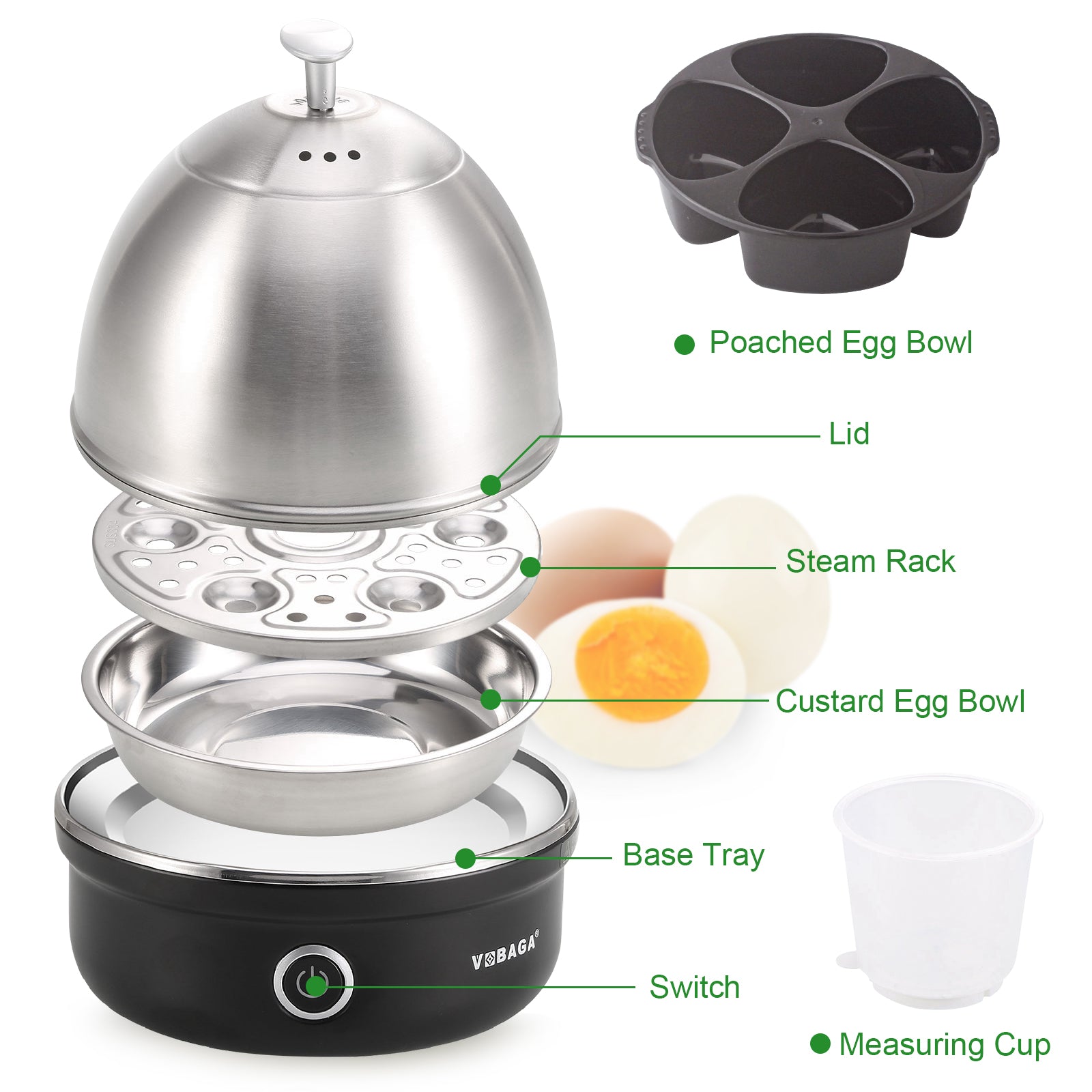 VOBAGA Electric Egg Cooker, Rapid Egg Boiler with Auto Shut Off Eggs, Vegetables and Dumplings (Black)