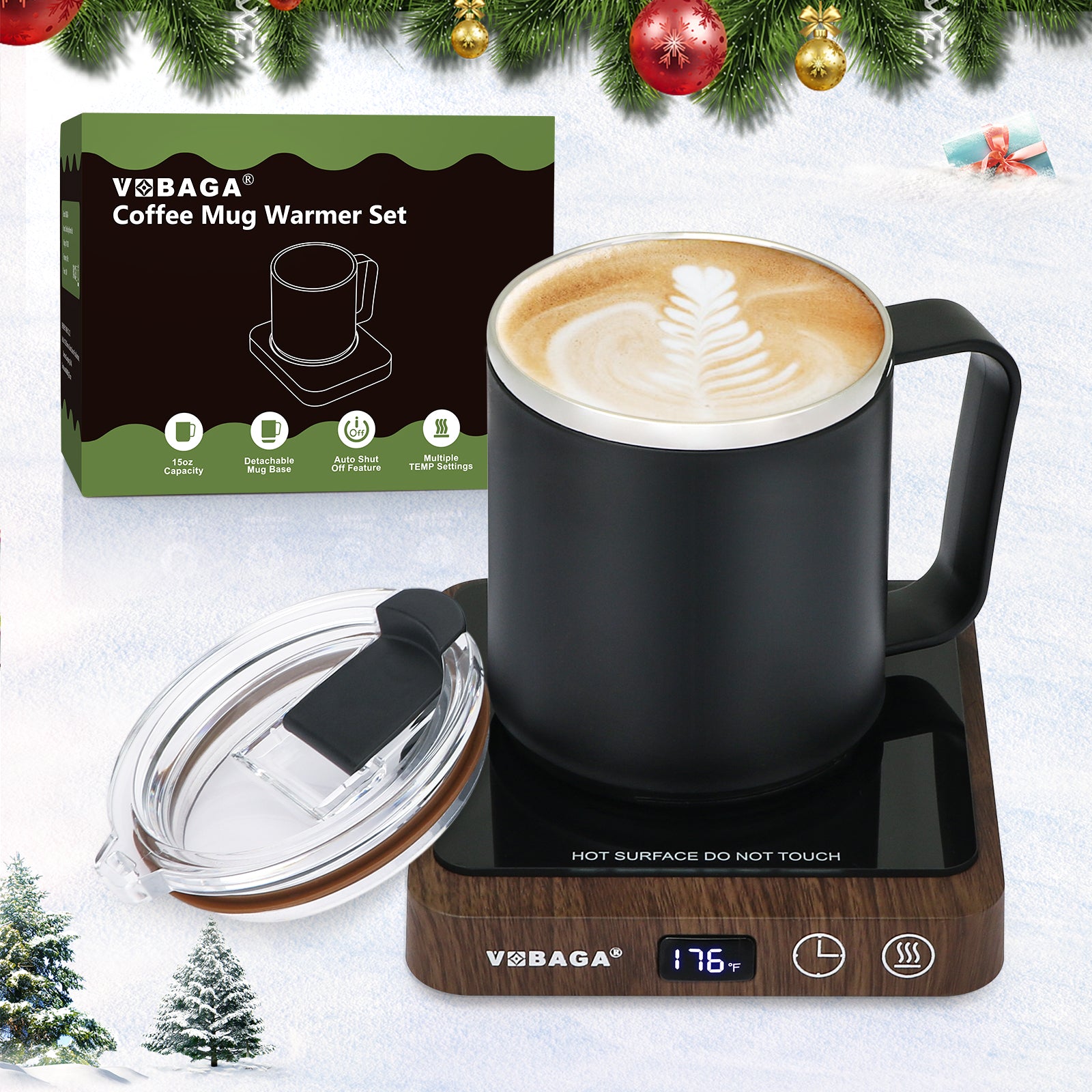 VOBAGA Mug Warmer & Mug Set for Desk, Electric Coffee Cup Warmer with Temperature & Timer Settings, Smart Coffee Warmer Plate with 15oz Cup for Warming and Heating Coffee, Beverage, Candles, Cocoa