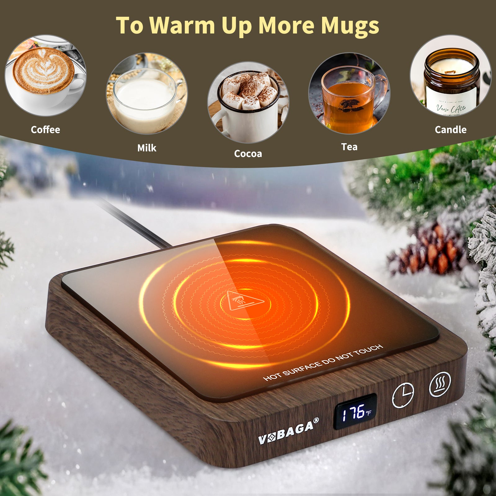 VOBAGA Mug Warmer & Mug Set for Desk, Electric Coffee Cup Warmer with Temperature & Timer Settings, Smart Coffee Warmer Mug Plate with 15oz Cup for Warming and Heating Coffee, Beverage, Candles, Tea