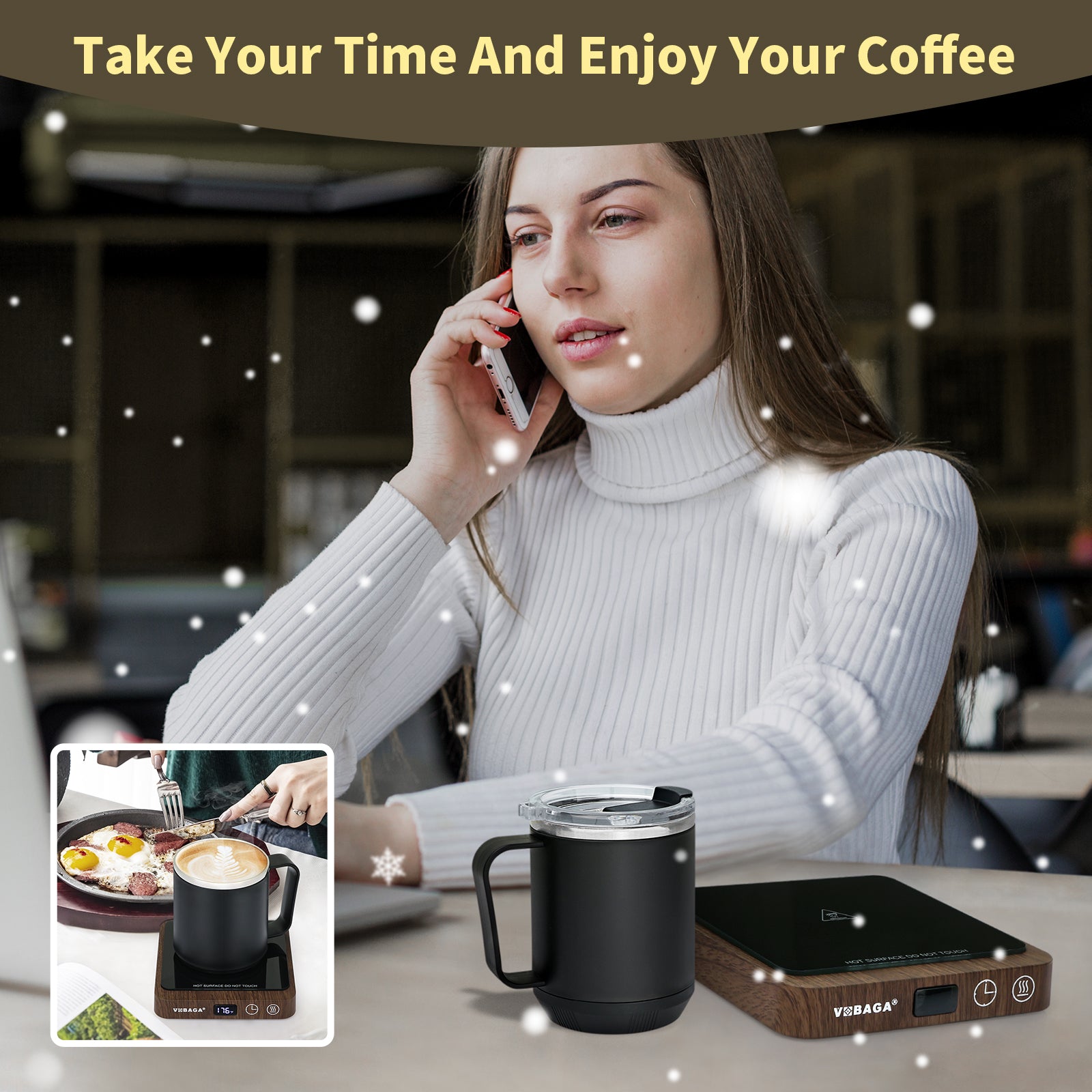 VOBAGA Mug Warmer & Mug Set for Desk, Electric Coffee Cup Warmer with Temperature & Timer Settings, Smart Coffee Warmer Mug Plate with 15oz Cup for Warming and Heating Coffee, Beverage, Candles, Tea