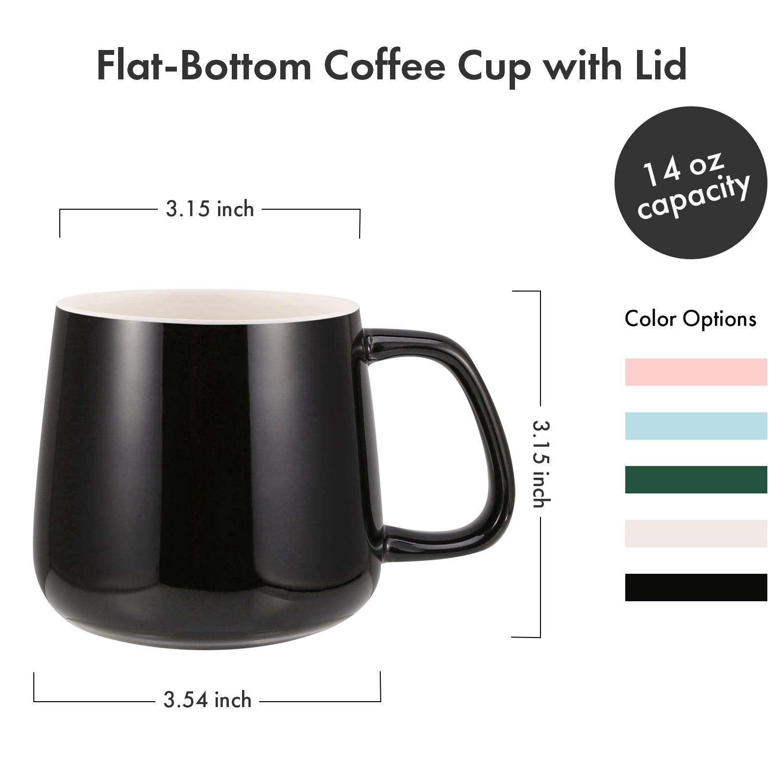 VOBAGA 14 OZ Porcelain Coffee&Tea Mug with Lid and Flat-Bottom, Gifts for Tea Lover (Black)