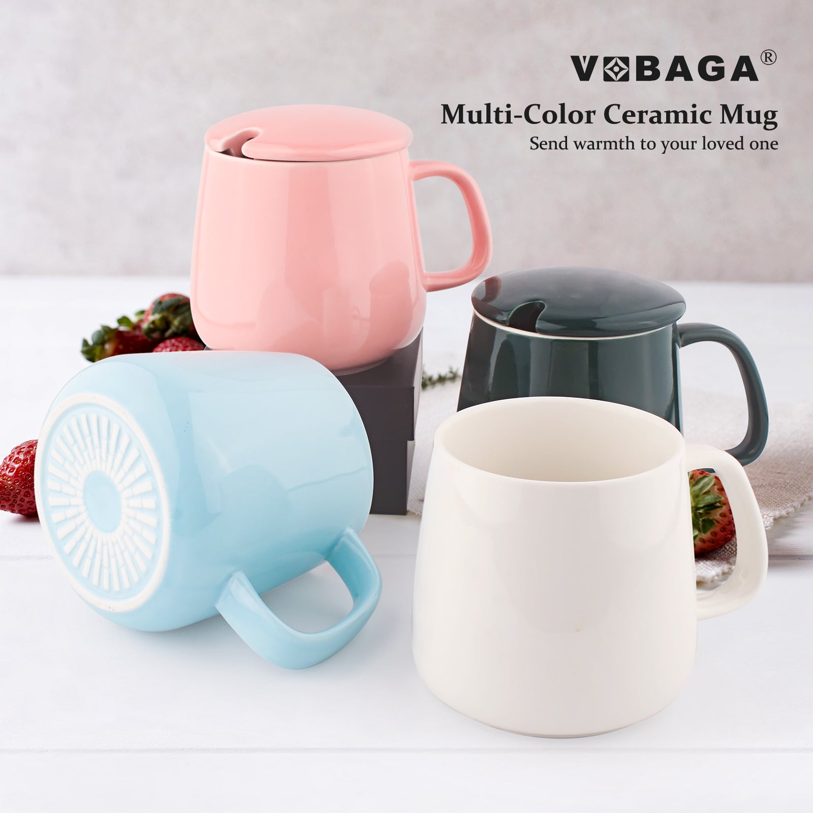 VOBAGA 14 oz Tea Mug for Daily Use Warming Coffee&Tea, Coffee Cup with Lid and Flat-Bottom (White)